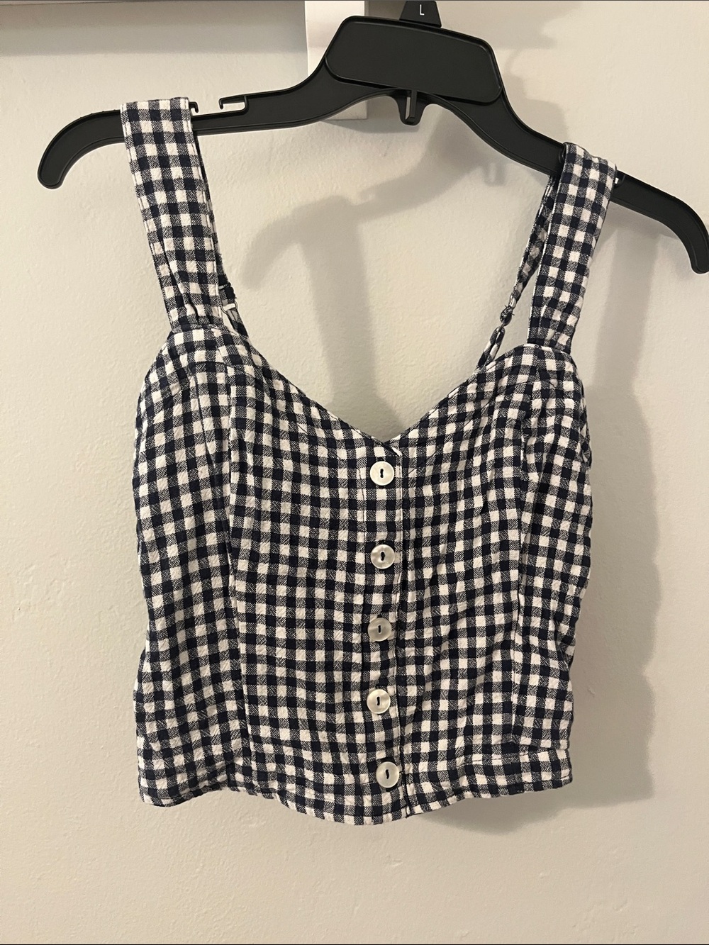 Abercrombie & Fitch Navy Blue and White Gingham Button-Front Crop Tank. NWOT